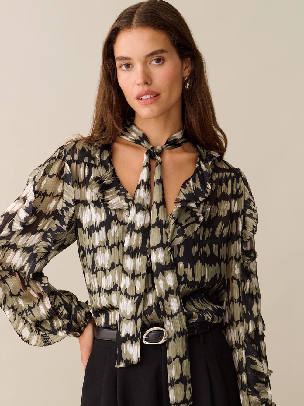 Hollis Tie-Neck Ruffle Silk Blouse in Olive and Black